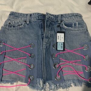 Denim Skirt with Pink Lace-Up Detail